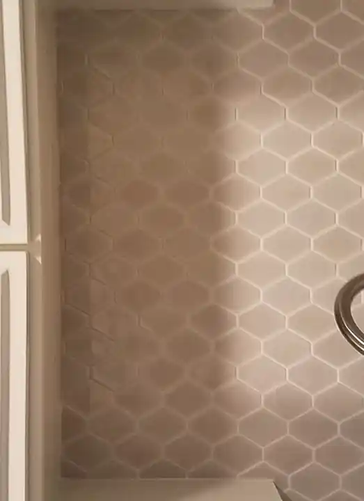 White hexagon tile backsplash installation in progress in Waxahachie Texas