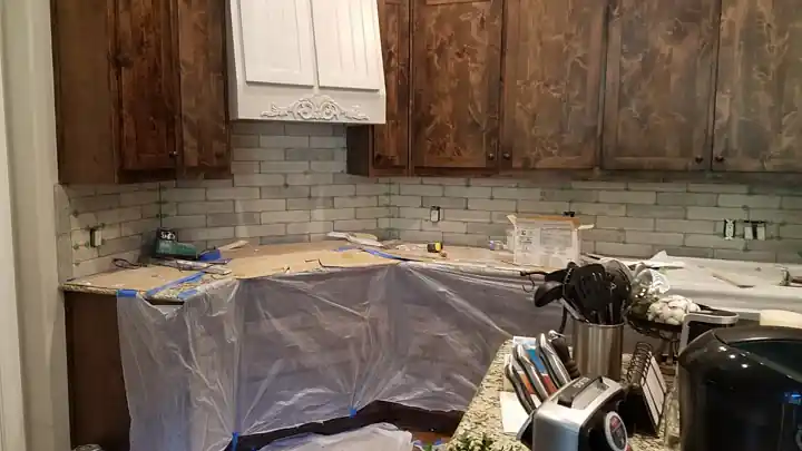 Gray subway tile kitchen backsplash installation in Mansfield Texas