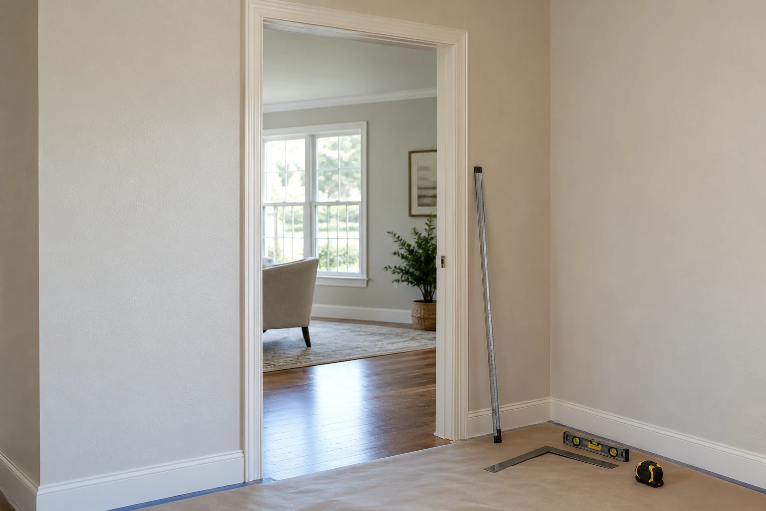 Illustration of a clean doorway with measuring and leveling tools nearby.