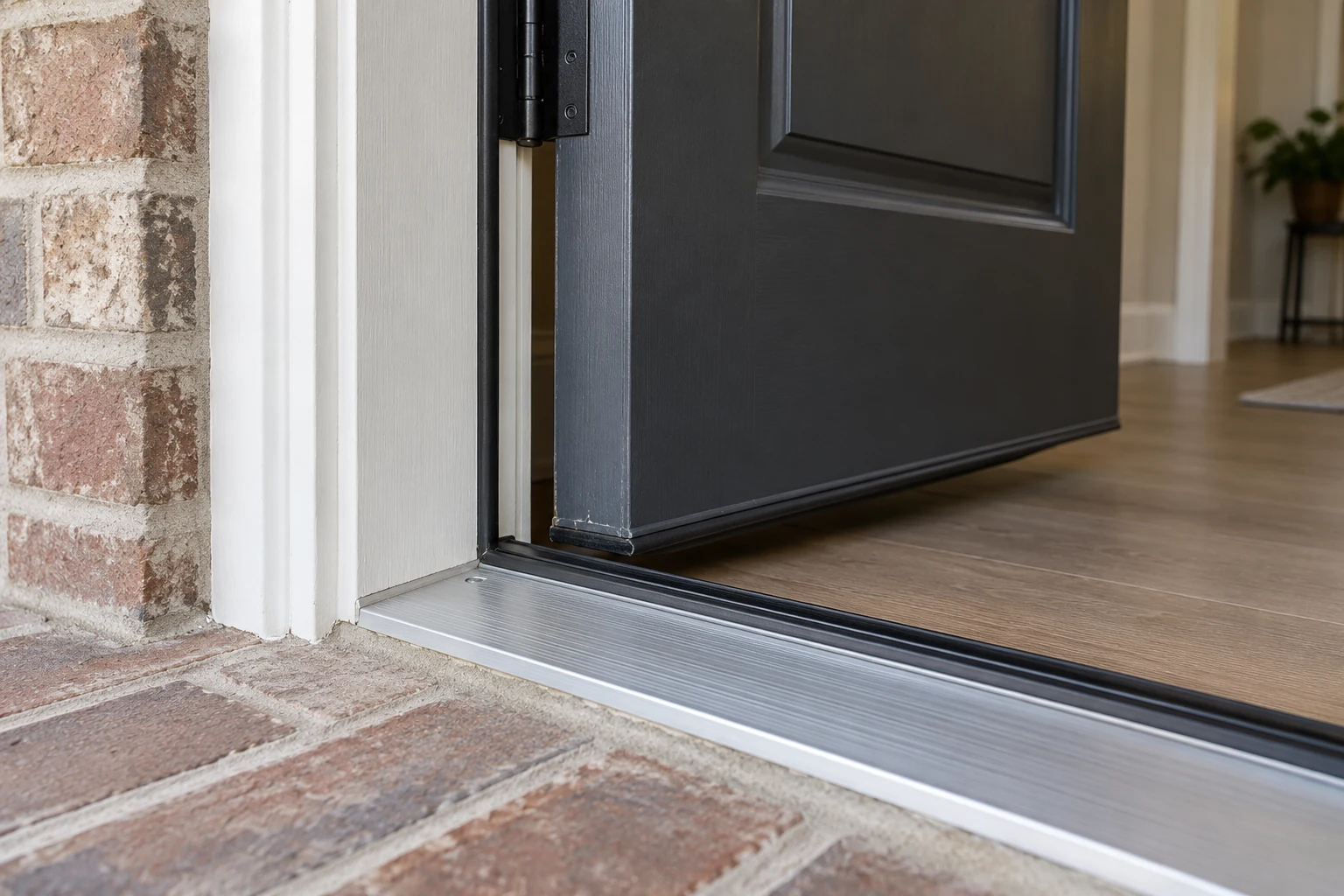 Illustration of a dark entry door above an aluminum threshold and flexible seal.