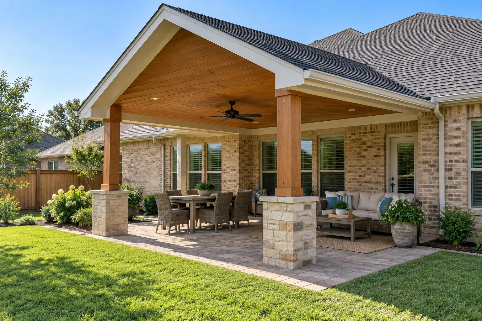 Representative illustration of a solid gabled patio cover with cedar posts and shaded dining and lounge areas.