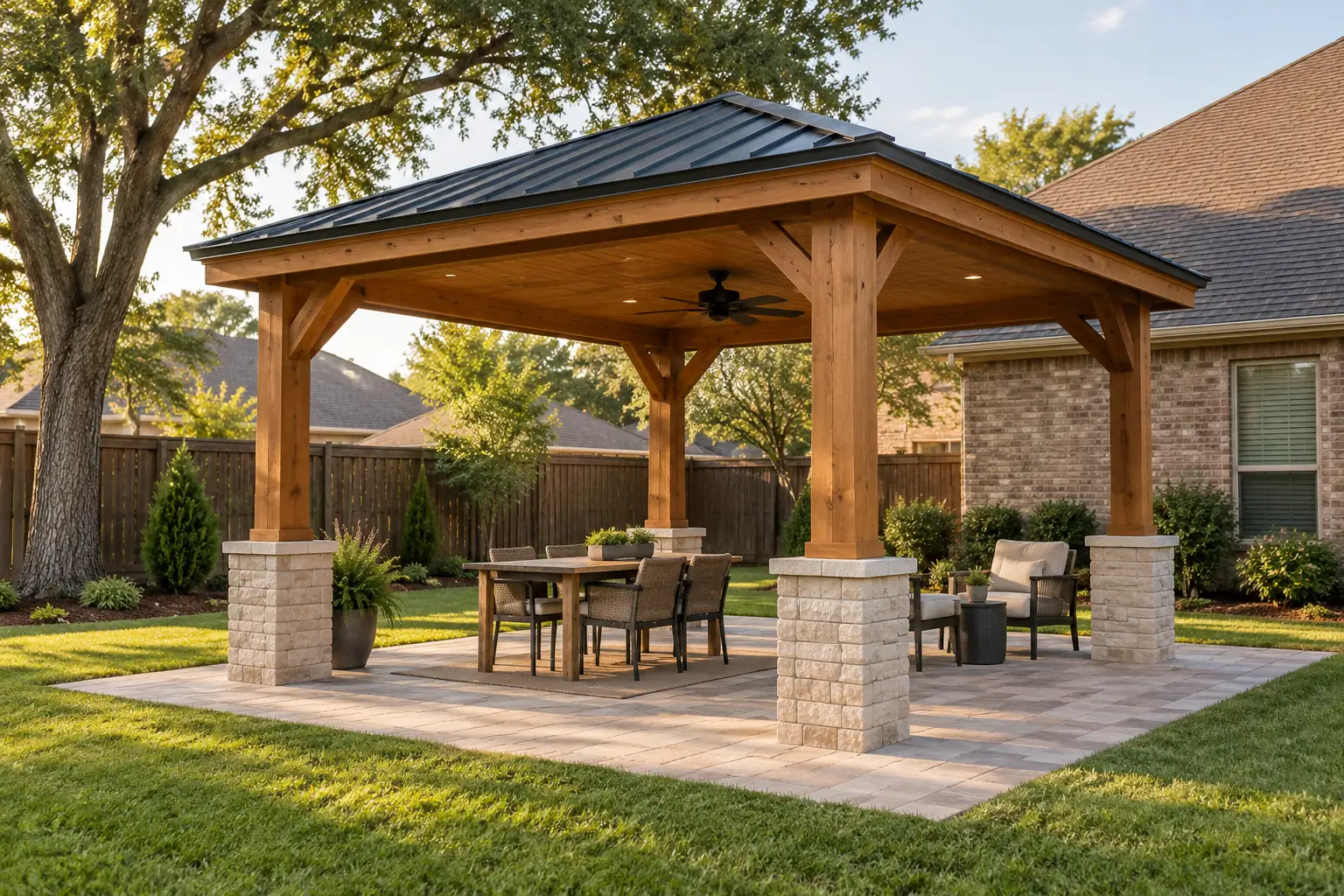 Representative illustration of a freestanding solid-roof cedar pavilion over a furnished backyard patio.