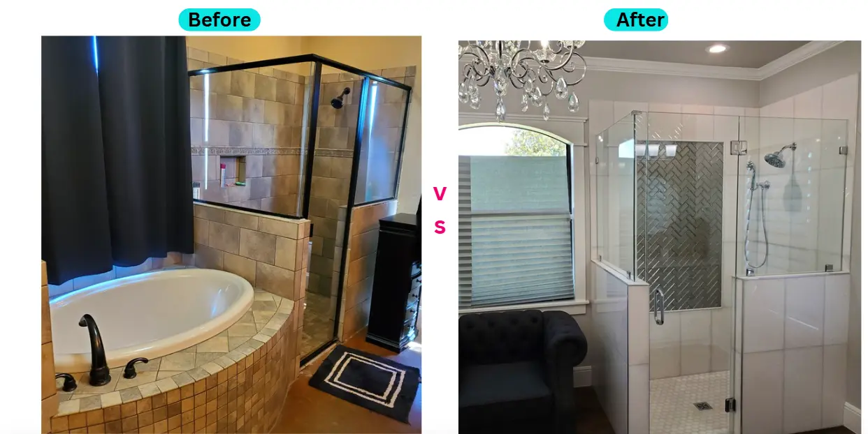 Bathroom remodeling before and after with frameless glass shower in Dallas Texas