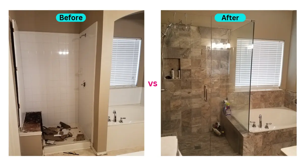 Tub and walk-in shower bathroom remodeling before and after in Arlington Texas