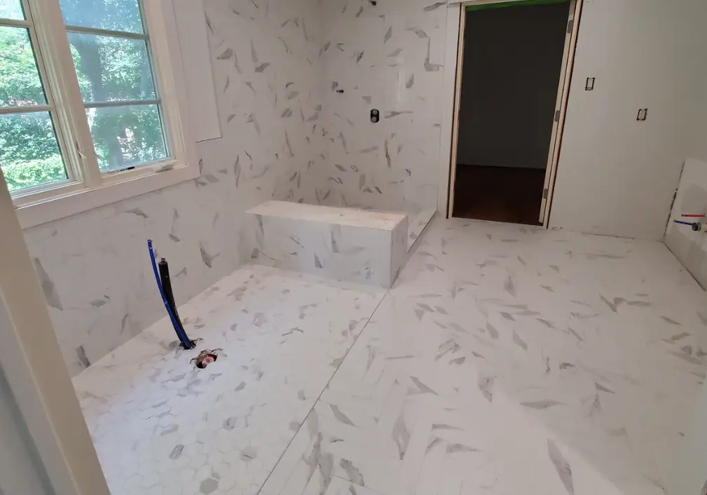 Marble-look bathroom tile installation and shower project in Mansfield Texas