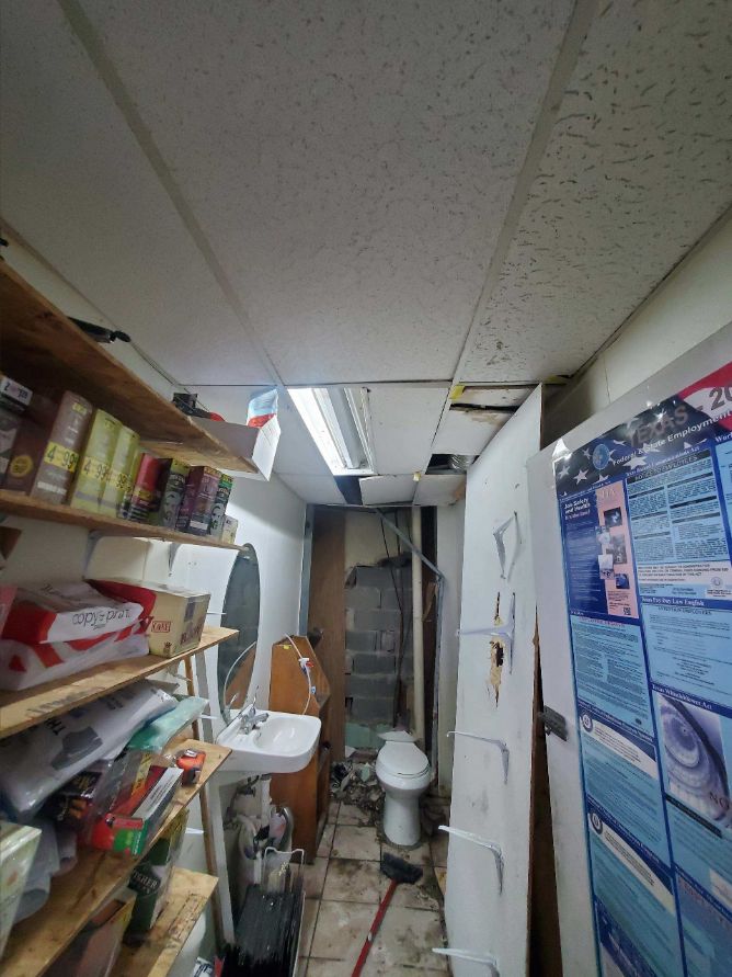 Commercial ceiling damage documented for a construction repair scope in Dallas-Fort Worth